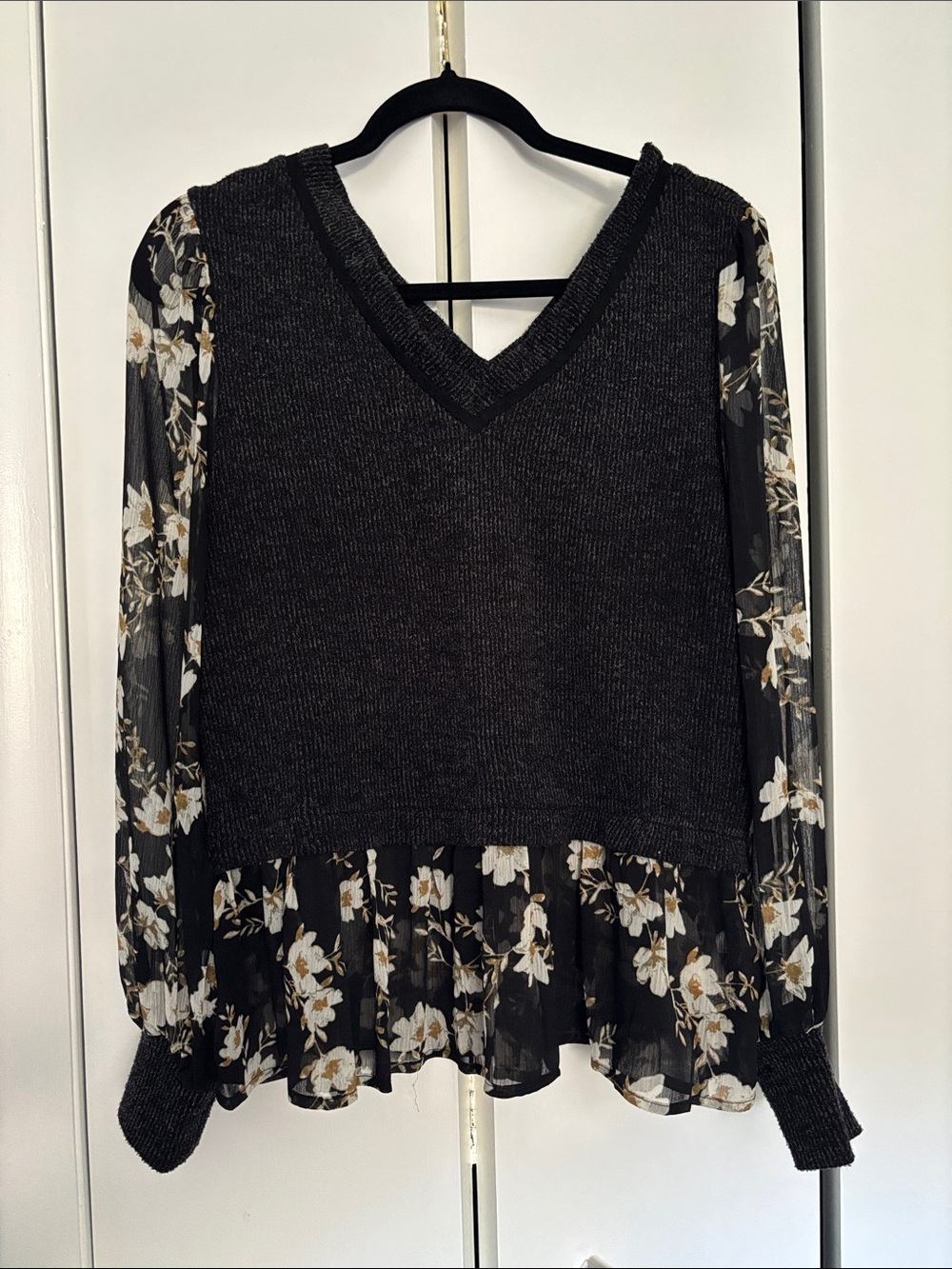 Maurices Black Knit V-Neck Top with Floral Chiffon Sleeves